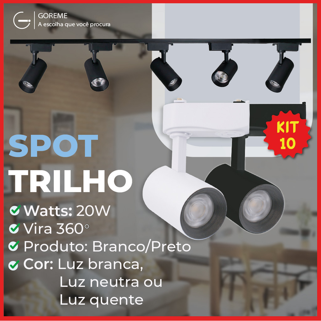 Kit 10 Spot LED para trilho eletrificado Tubinho Preto e Branco 20W 360° | Luz Branca, Luz Neutra e Luz Amarela | Para ambientes internos modelo econômico Bivolt 110V-220V - Home & Living