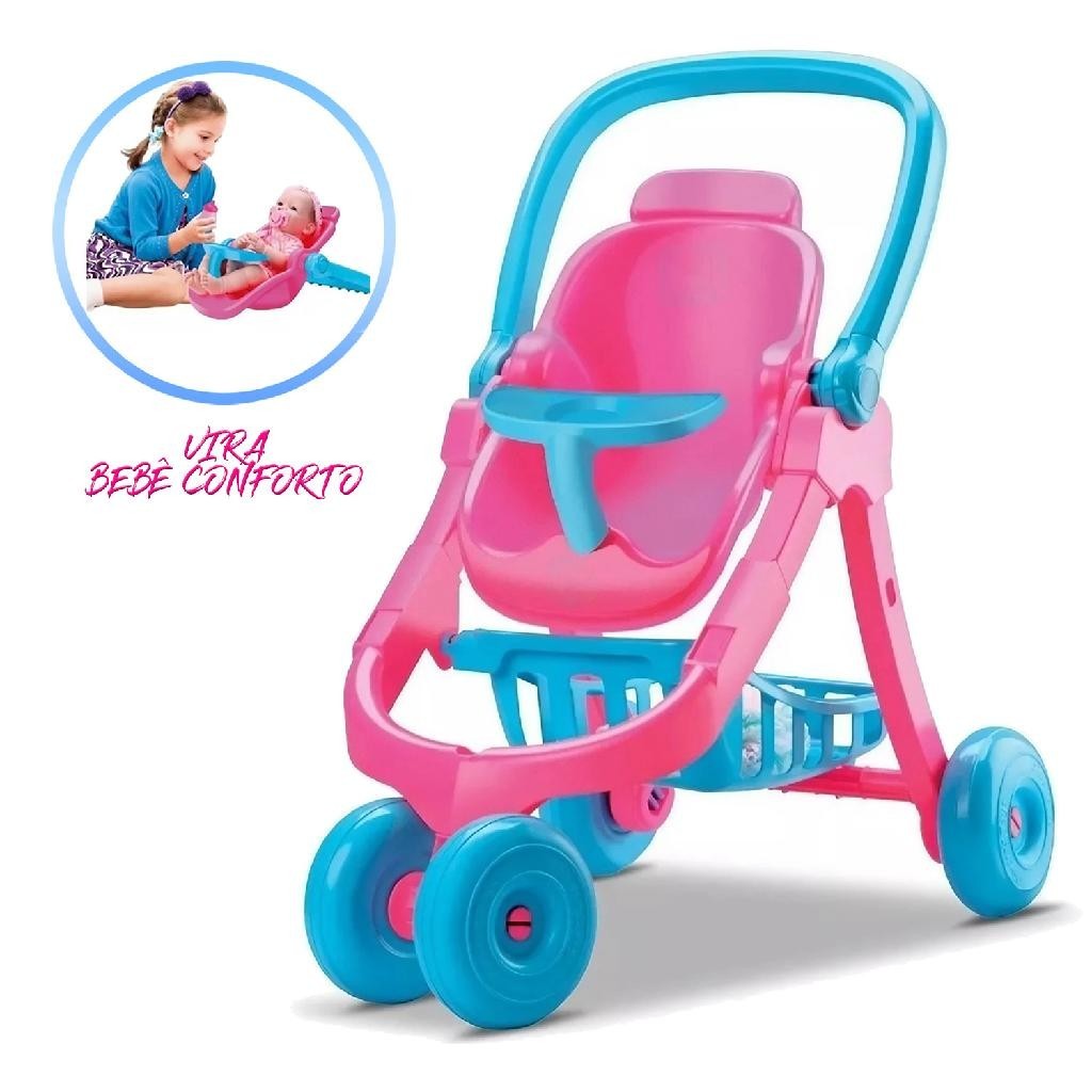 Carrinho Para Boneca Rosa 3 em 1 Vira Bebê Conforto Cadeirinha e Carrinho de Passeio