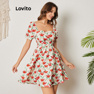 Lovito Boho Vestido Feminino Floral de Manga Bufante com Bainha de Babados LBL08413