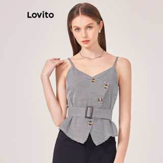 Lovito Elegante Blusa Feminina Pied de Poule com Botão e Cinto L71ED056 (Preto e Branco)