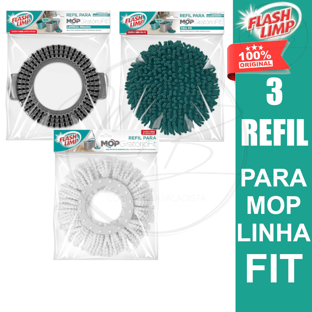 Kit Refil para Mop Giratorio Todos da Fanilia FIT Tira Po, LImpeza Pesada e Microfibra - Flash Limp