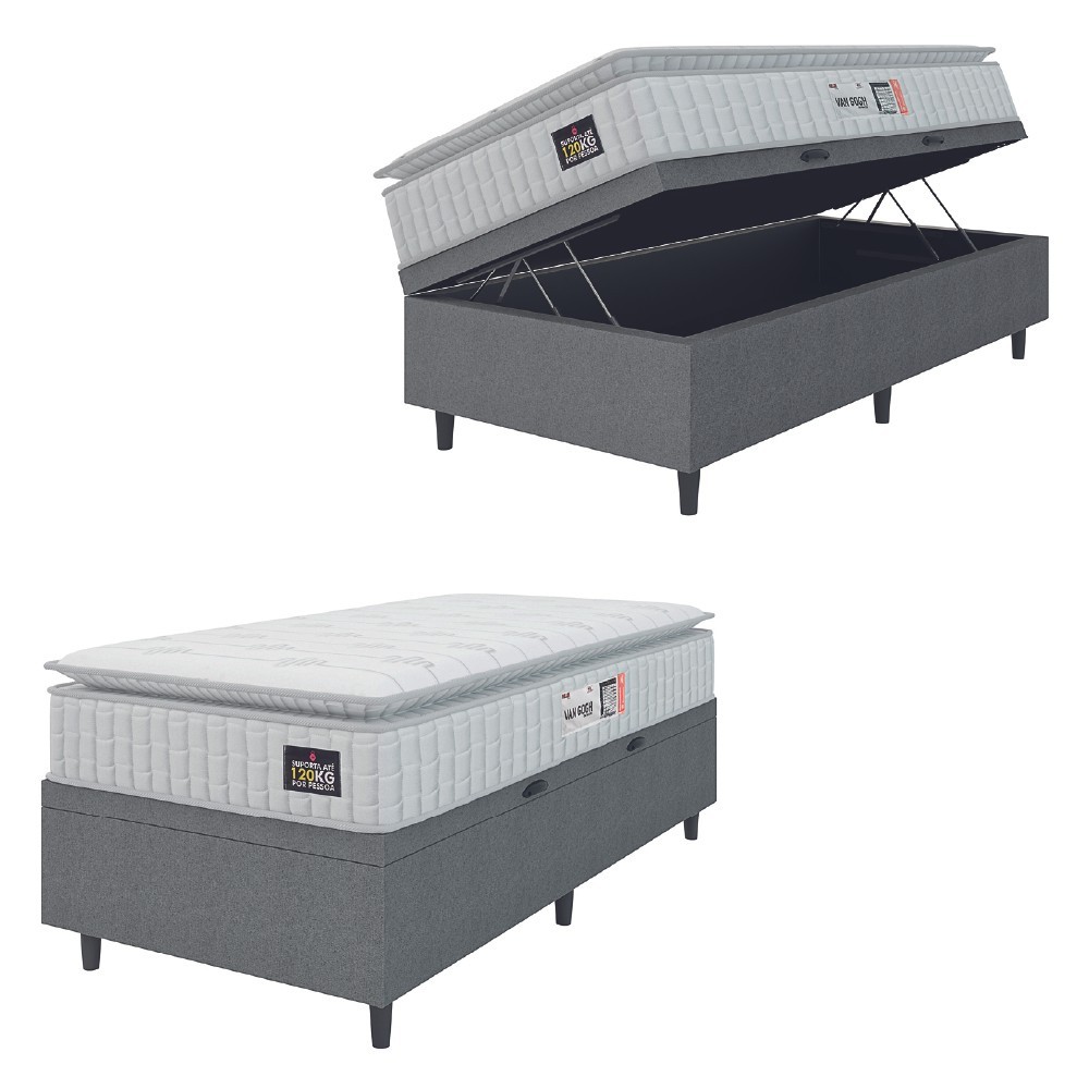 Cama Box Baú Colchão Solteiro Espuma D33 Vangogh Pillow Top 88x188x70cm Branco / Cinza Hellen em Oferta na Shopee