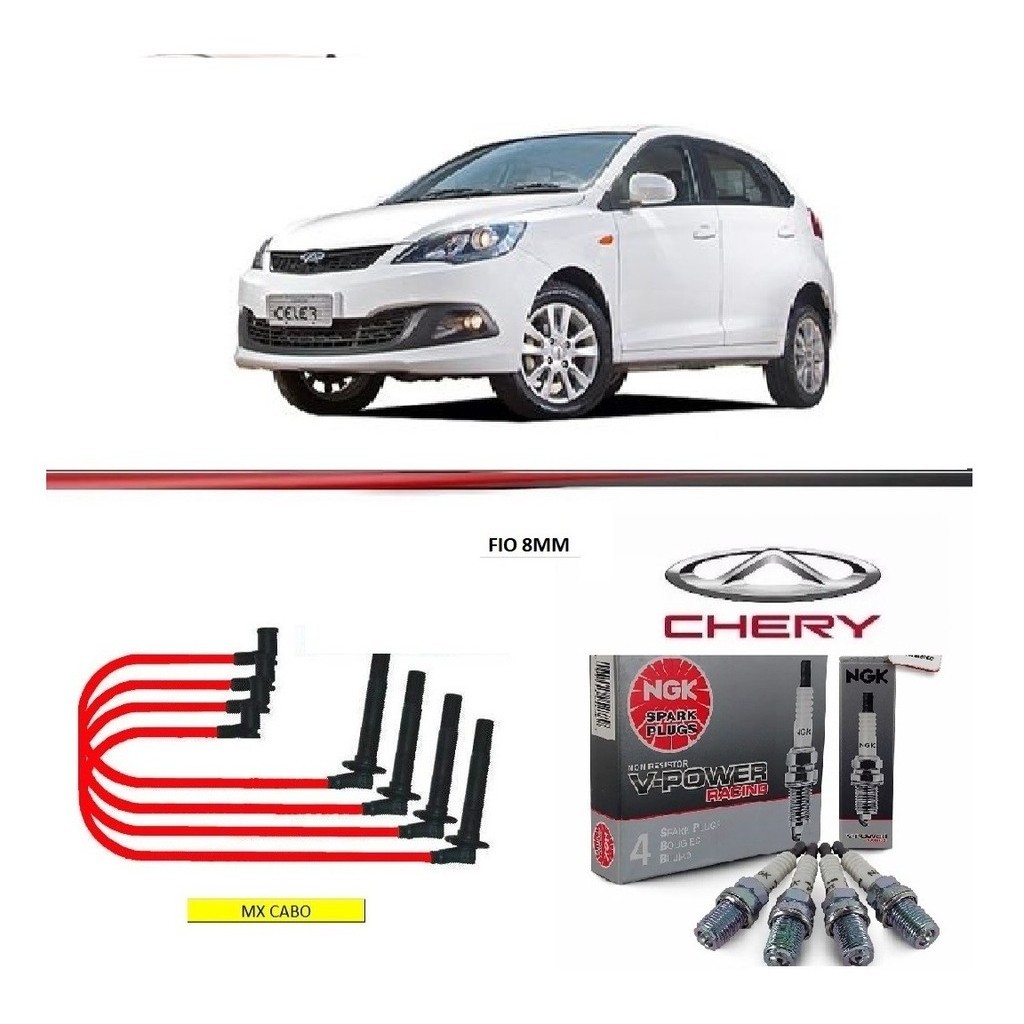 Kit Cabo Vela Chery Celer 2014 / 2015+vela Ngk  8mm Vermelho
