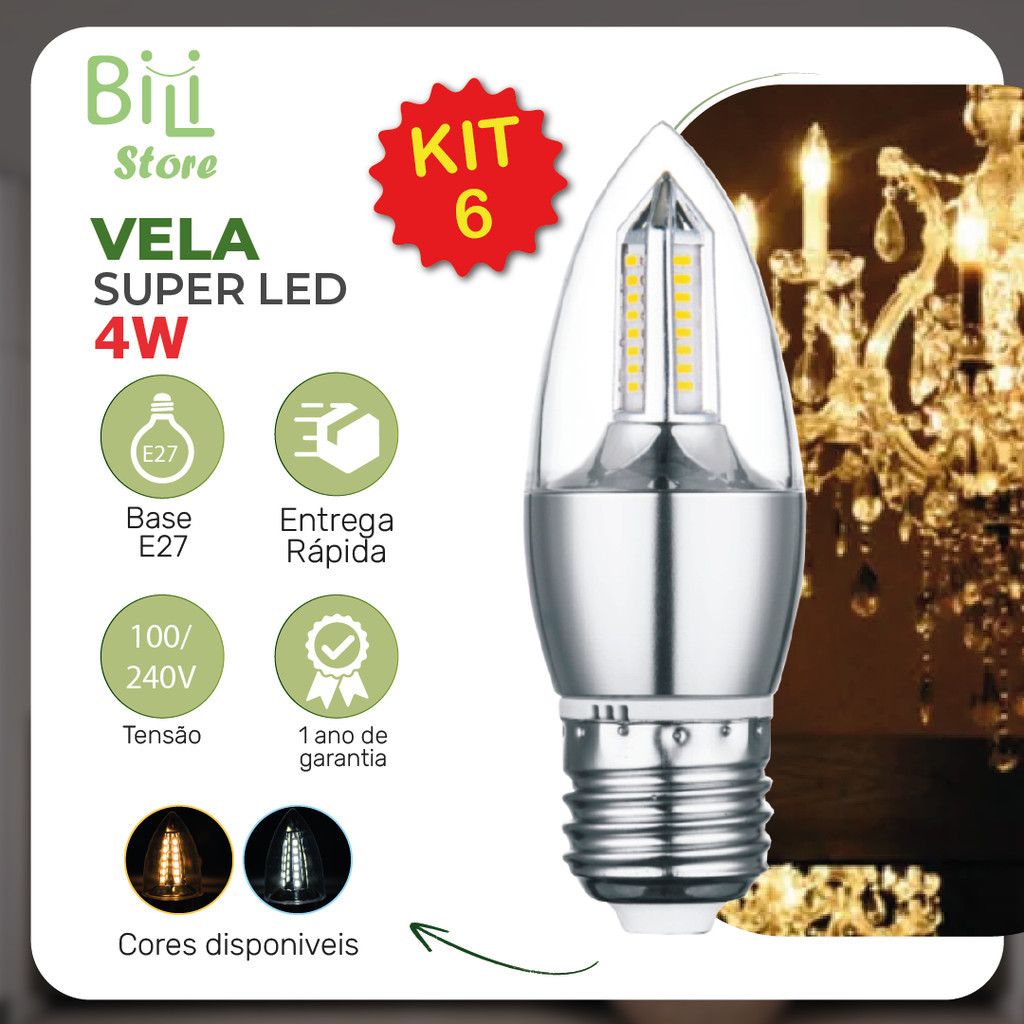 Kit 6 Lâmpada Vela LED para Lustre 4W E27 Pendente Modelo Moderno Branco Frio ou Branco Quente 110V-220V | Bivolt