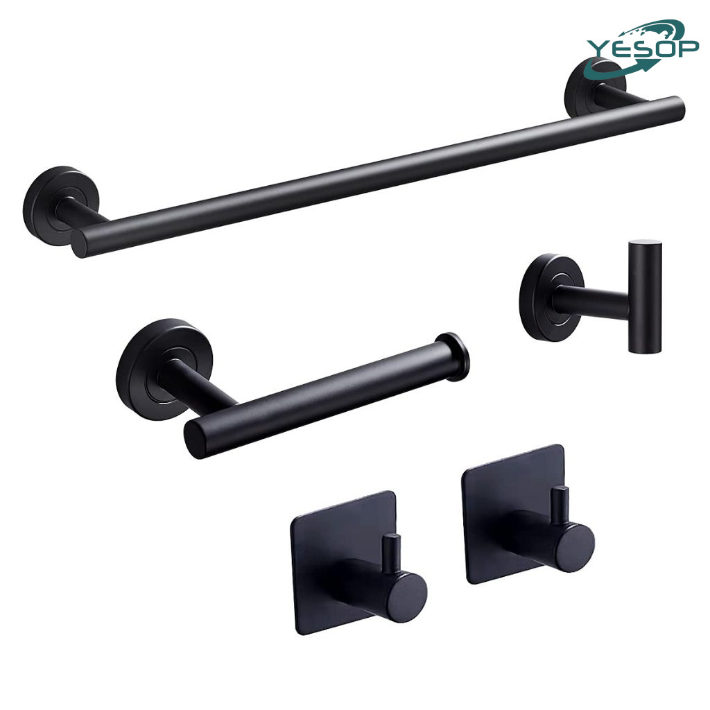 Kit Acessórios Banheiro Preta Toalheiros 5 Peças Aço Inox Fosco Yesop