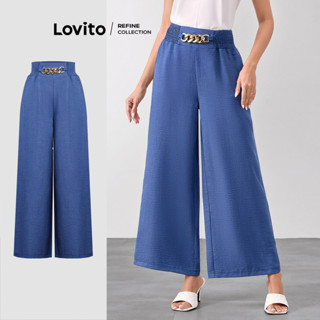 (Lovito Refine) Calça elegante lisa com corrente franzida para mulheres LR1LD014 em Oferta na Shopee