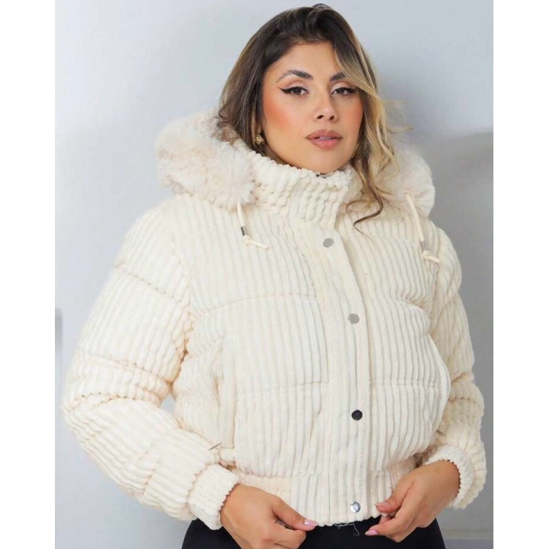 Jaqueta pelúcia quentinha veludo  touca pelinhos lançamento feminino em Oferta na Shopee