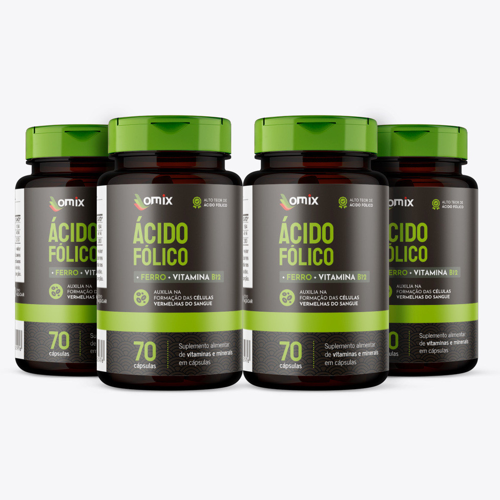 Kit 4x -Ácido Fólico, Ferro e Vitamina B12-70 cápsulas