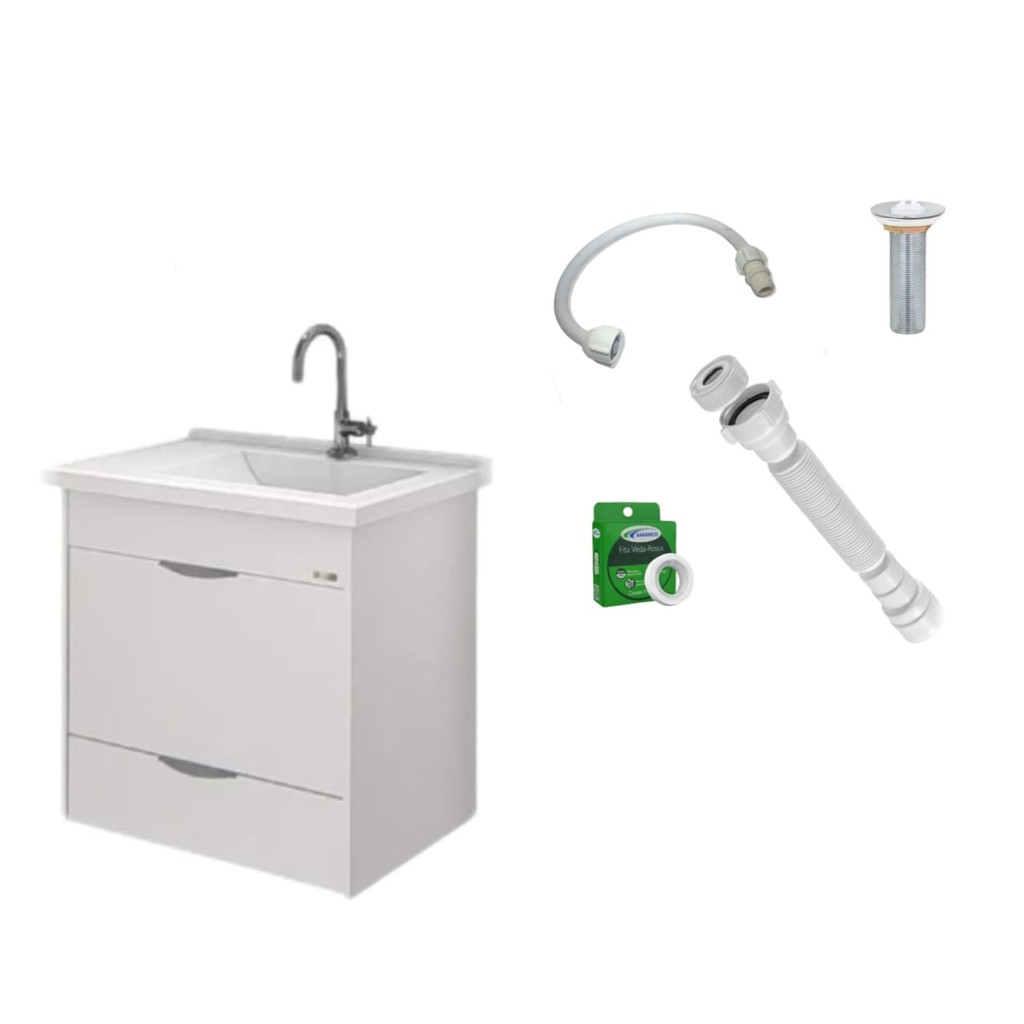 Gabinete Toucador Roma Branco com Espelheira e Torneira Cromada Kit Completo