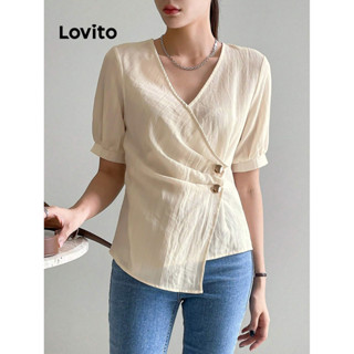 Lovito Blusa Jacquard Plissada Casual Com Botão Liso Para Mulheres L77ED039
