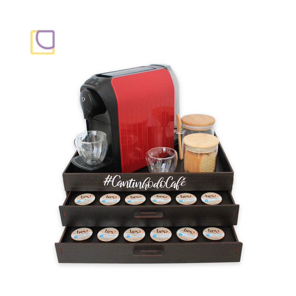 Bandeja Tabaco com 2 Gavetas Porta 48 Cápsulas 3 Corações Decoração Café Organizador Cantinho Café Apoio Cafeteira Três Corações Servir Chá