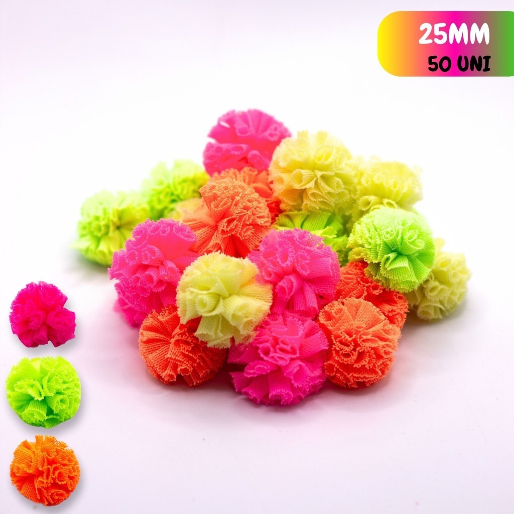50 Peças Pompom de Malha Neon 25mm Cores Neon Carnaval Tule