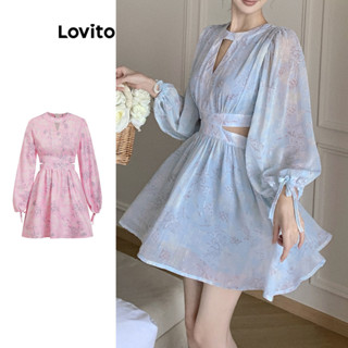 Lovito Elegante Vestido Feminino Floral com Manga Bispo Recorte e Bainha de Babados LNE29487 (Azul Claro)