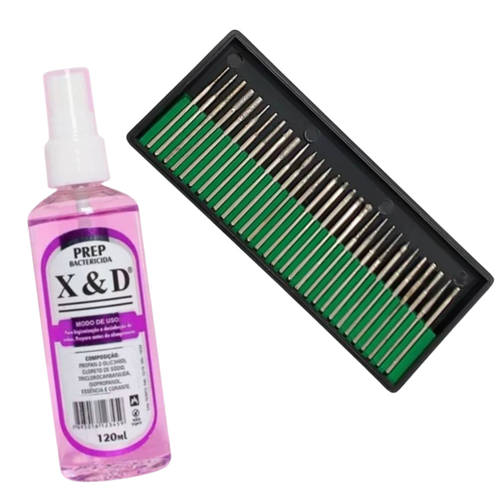 Kit Prep XD 120ml Bactericida + Brocas 30 Drill para Unhas Acabamento Manicure