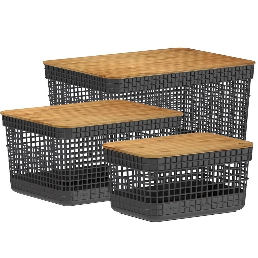 Kit de Cestos Tampa Bambu 3 Tamanhos Preto - Ou - Home & Living