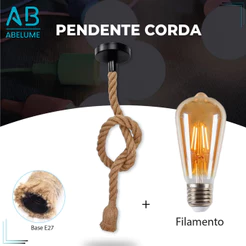 Pendente Corda + Filamento LED 1M Retro Vintage Rústico Sisal E27 Para Decoração Com Detalhes Pérola Preta
