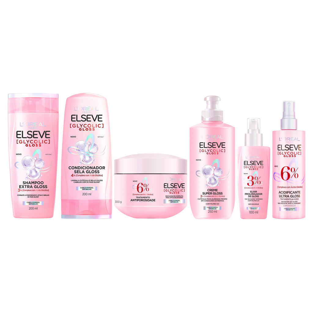KIT ELSEVE GLYCOLIC GLOSS LORÉAL PARIS COMPLETO 6 ITENS em Oferta na Shopee