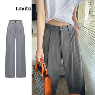 Lovito Casual Listrado Botão Padrão Calças Para Mulheres L76AD101