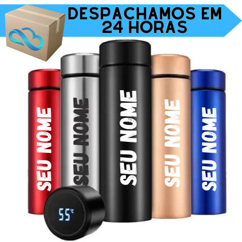Garrafa Térmica 500ml COM SEU NOME + IMAGEM - com Medidor de Temperatura ENVIO IMEDIATO