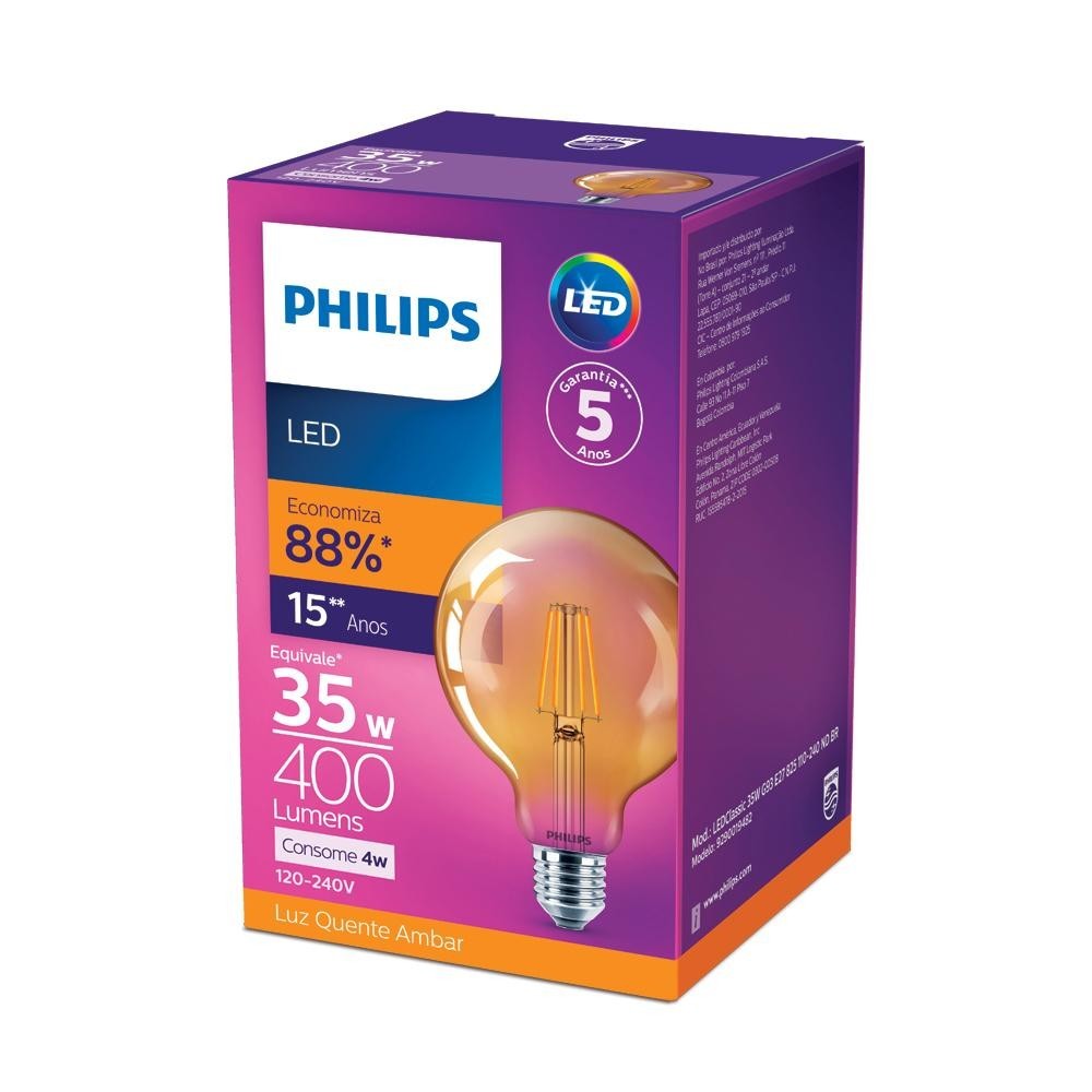 Lâmpada Led Philips Filamento 4W G93 amarela 2500K BV E27 - Home & Living