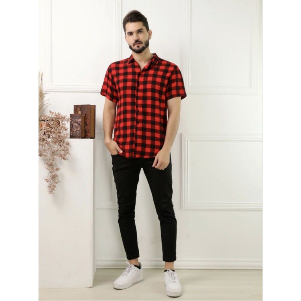 Camisa Homem Xadrez Manga Curta Slim Estilo Verão Casual Respirável Preço Baixo