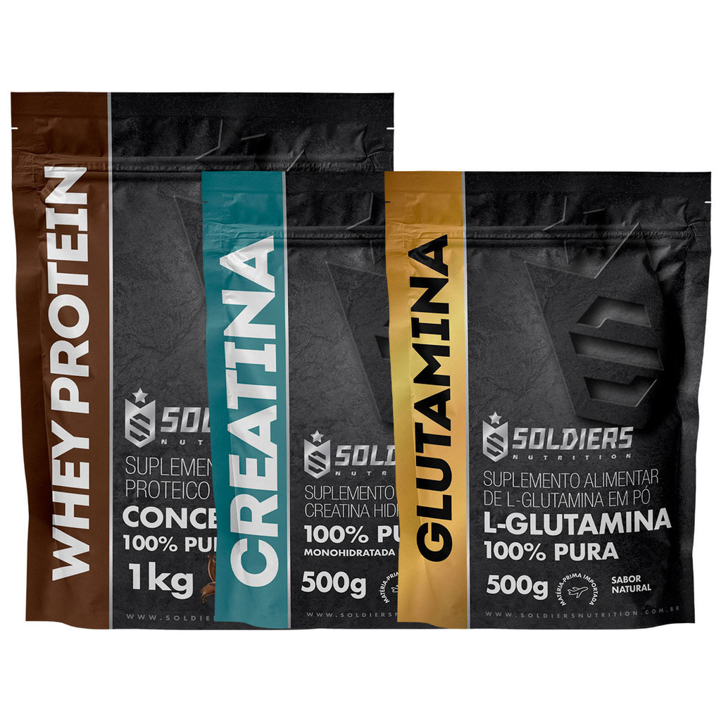 Kit: Whey Protein Concentrado 2Kg + Creatina Monohidratada 500g + Glutamina 500g - 100% Importado - Soldiers Nutrition