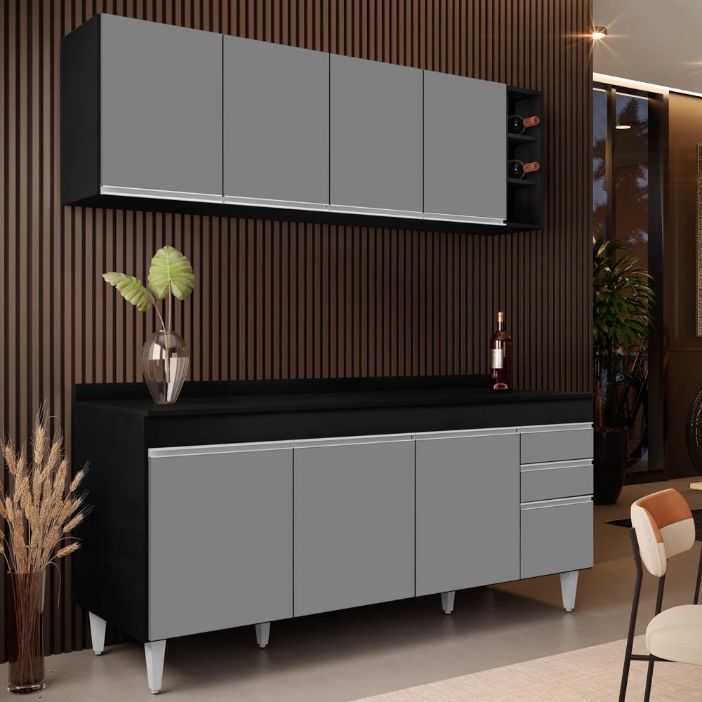 Armário Nevada e Balcão 180cm com Tampo Dallas Preto/Cinza - Lumil em Oferta na Shopee