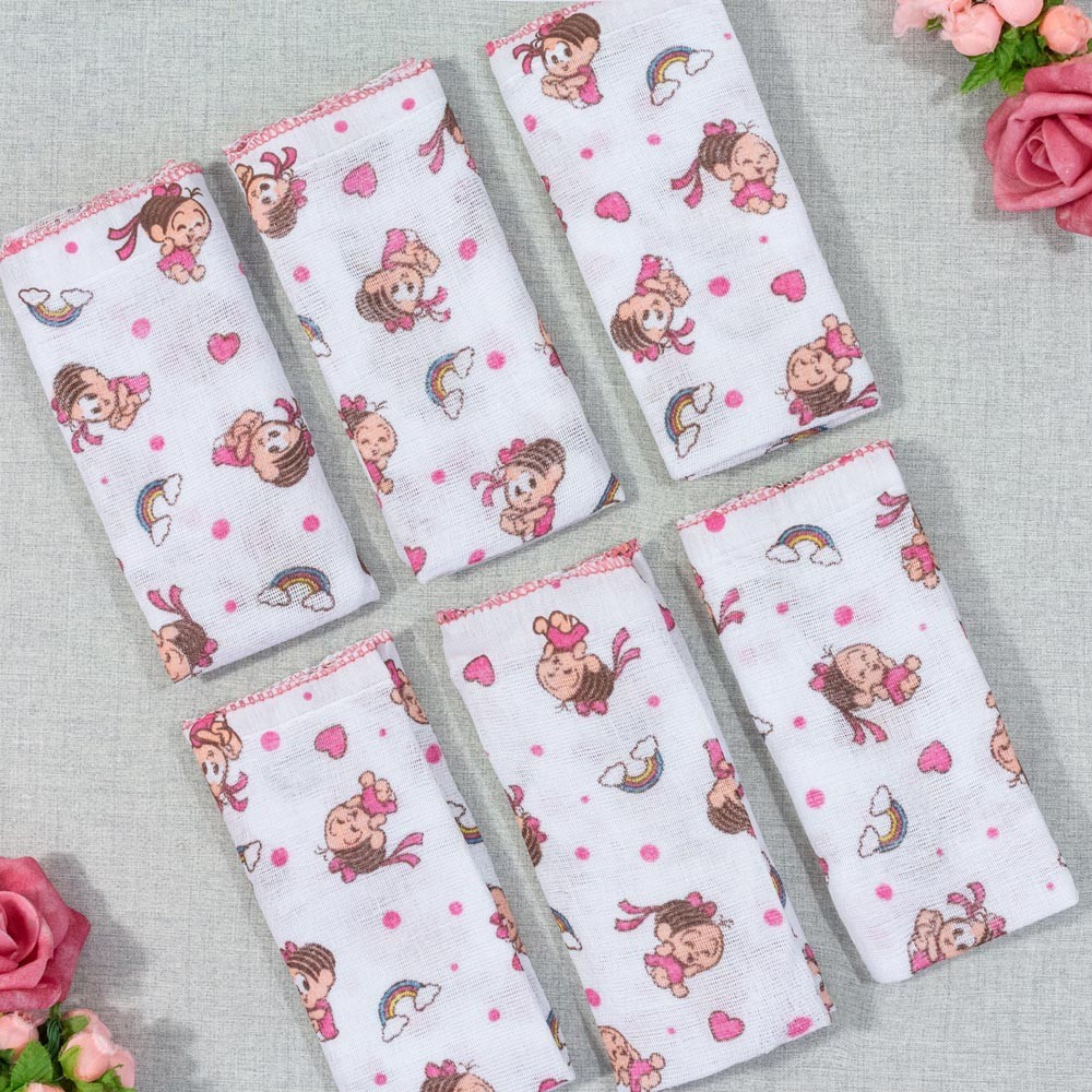 Pano de Boca Kit Com 6 Peças para Bebê Turma da Monica Rosa