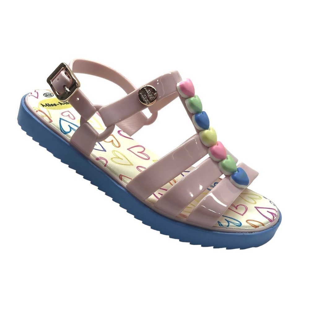 Sandália Infantil Feminina Menina Plataforma Baixa Confortável Papete Ajustável Macia Com Detalhe de Coração Multicolor