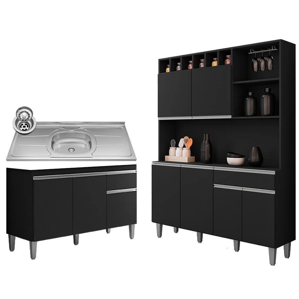 Cozinha Compacta Alice e Balcão Gabinete Com Pia Tatiane 120cm Preto - AJL Móveis em Oferta na Shopee