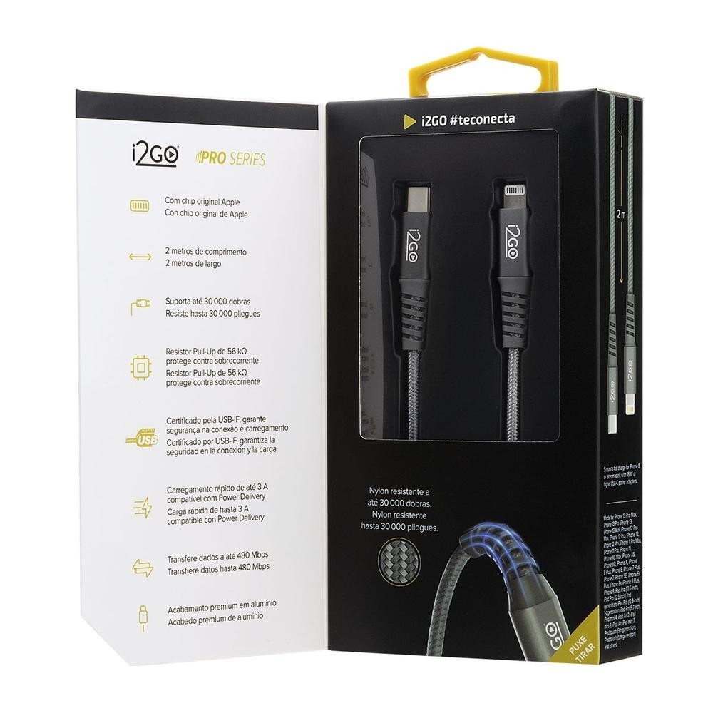Cabo Carregador USB-C para Lightning iPhone i2GO Certificado Mfi 2m 3A Rápido e Reforçado iPhone 5 ao 14 Chumbo — imagem 2 de 2