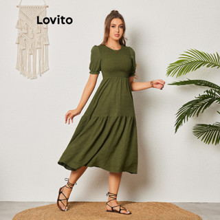 Lovito Vestido com Babado e Cinto Lisa Casual para Mulheres LBL08115