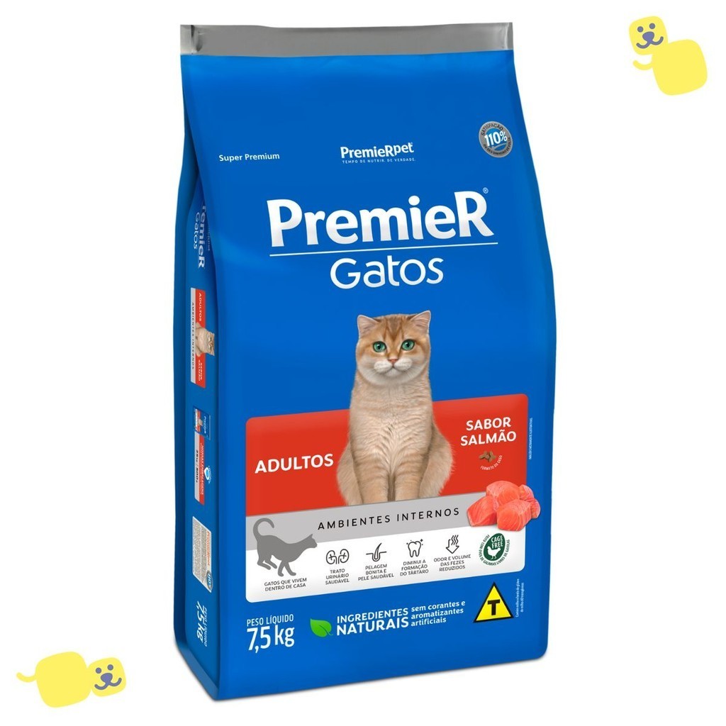 Alimento Premier Ambientes Internos Ração Gatos Adultos Sabor Salmão 7,5kg Super Premium Sem Corante