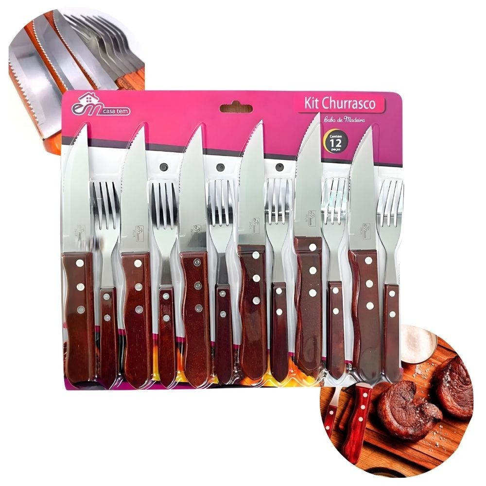 Kit Faqueiro para Churrasco 12 Talheres Inox com Cabo de Madeira Em Casa Tem