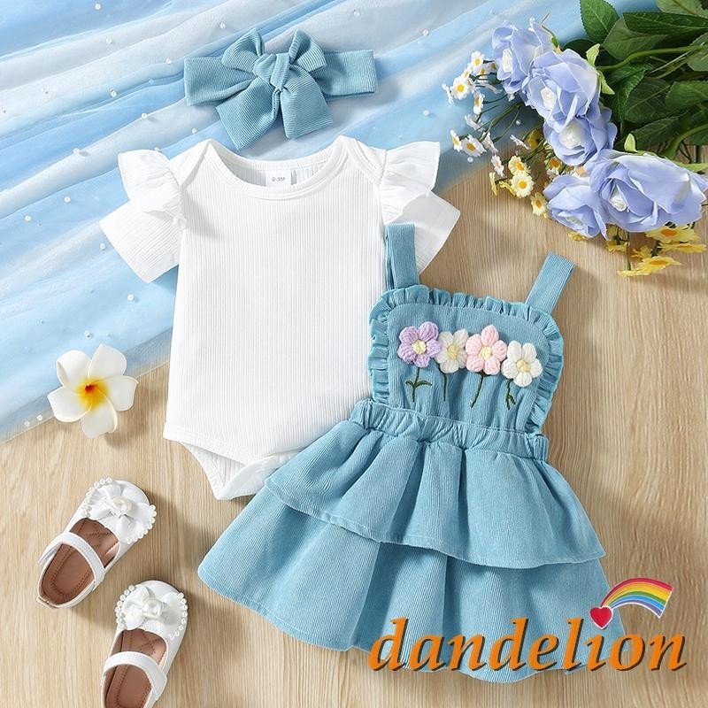 Baby Girls Conjunto De Roupas De 3 Peças Rompers De Manga Curta + Crochet Flowers Saia Sus...