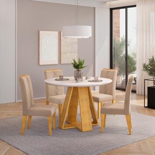 Conjunto Sala de Jantar 4 Cadeiras Tampo Redondo DJ Móveis Kiara Cedro Yasmin Veludo Kraft em Oferta na Shopee