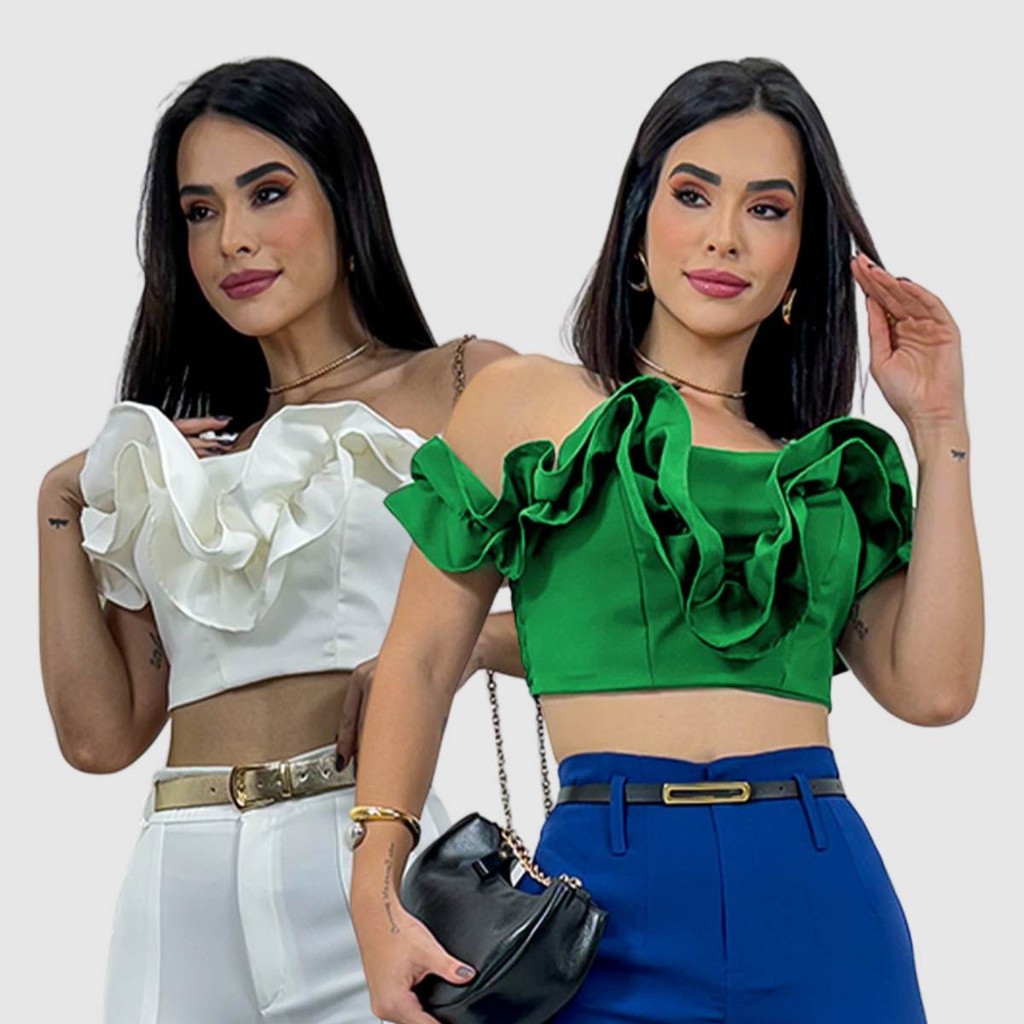 Kit 2 Cropped Feminino Ombro A Ombro Alfaiataria Babado Top