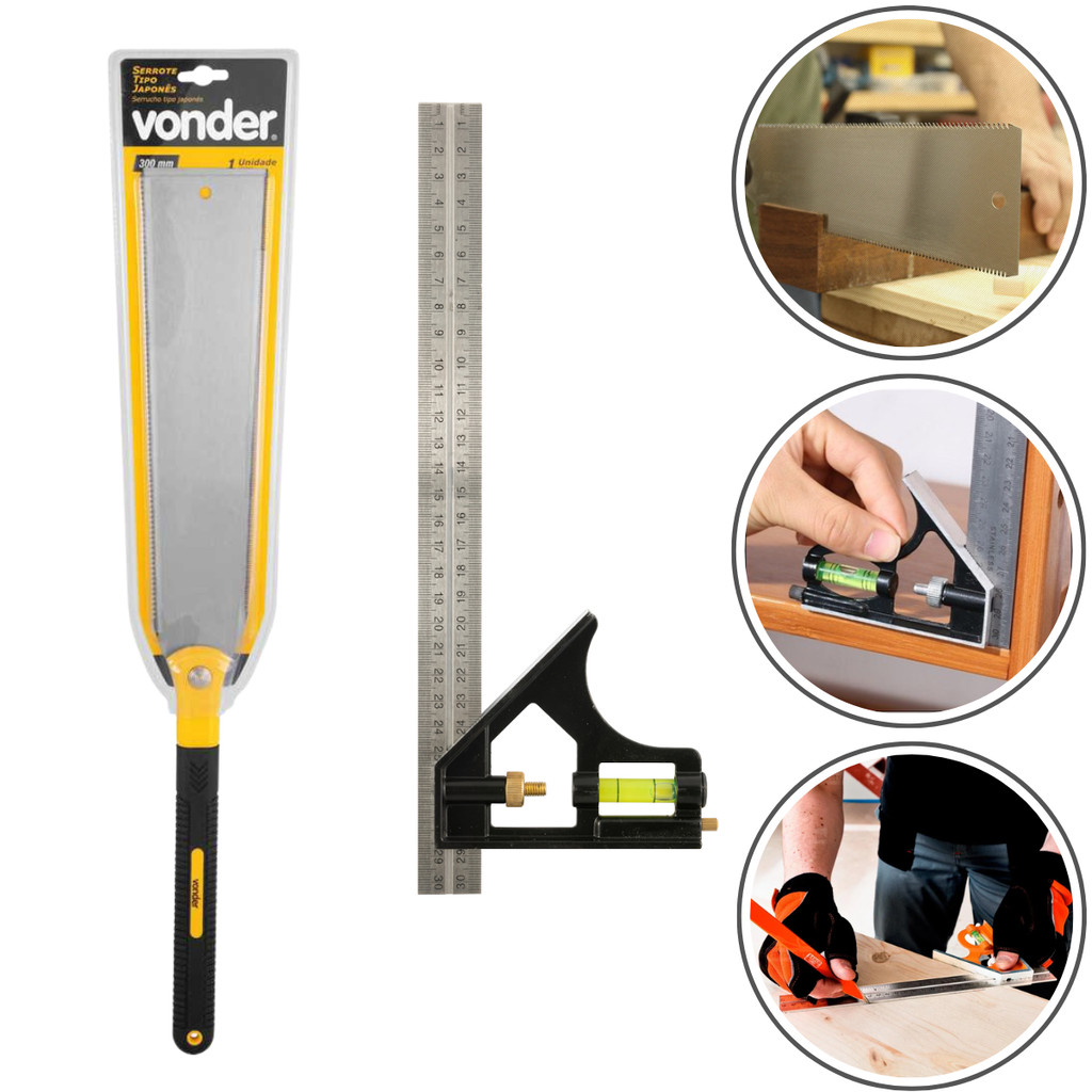kit Serrote Japones Marceneiro Profissional 300mm C/ Esquadro Combinado 12 Pol.