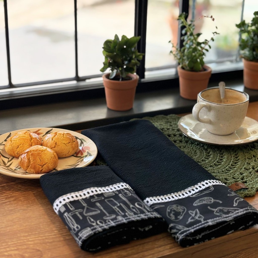 Pano De Prato Preto Pé De Galinha Minimalista 3 Unid