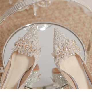 Sapatos de casamento franceses Sapatos de noiva mestre vestido de noiva Xiuhe dois vestidos de salto alto e salto fino 2023 sapatos de cristal vestido de casamento prateado