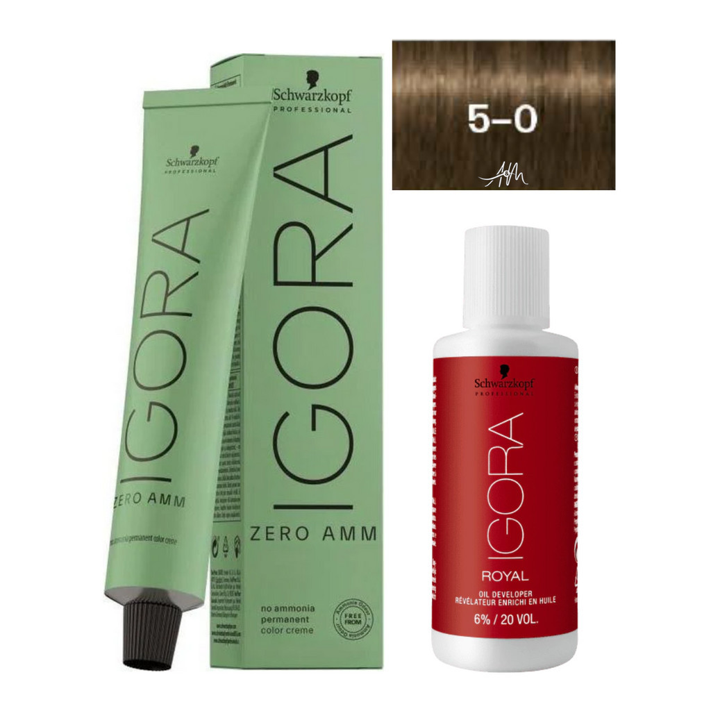 Kit Coloração Igora Zero Amônia 5-0 Castanho Claro Natural 60g + Ox Igora Royal 20 Vol 60ml