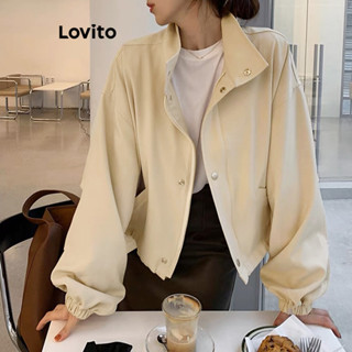 Lovito Casual Jaqueta Feminina Lisa com Manga Bispo Zíper e Botão LNE27162 (Damasco)