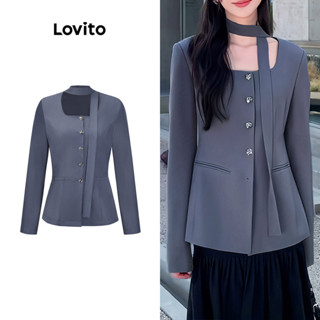 Lovito Casual Blazer Feminino Liso com Cinto e Botão L70AD128 (Cinza)