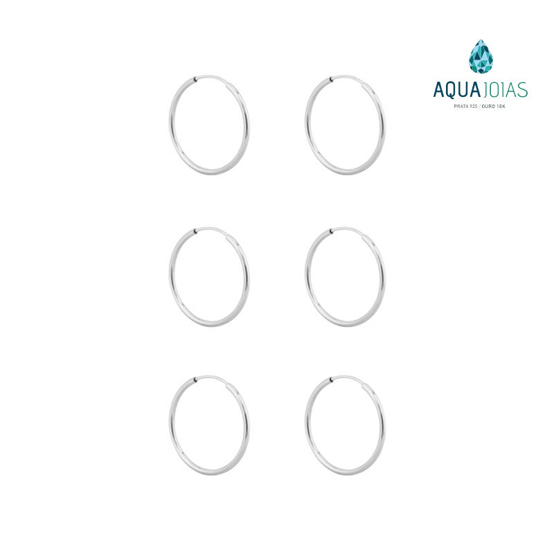 Kit 3 pares de brincos argolas redondas 14mm prata 925
