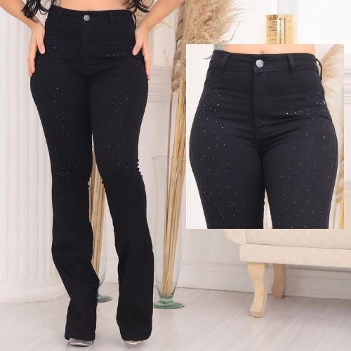 Faraya Jeans Calça Flare Preta com strass/brilho aplicação Cintura alta com lycra modela bumbum em Oferta na Shopee