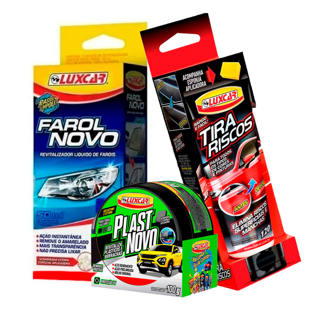 Kit Manutenção Carro Revitalizador Farol Tira Riscos 120g Renovador Plástico Borracha Brilho Luxcar em Oferta na Shopee