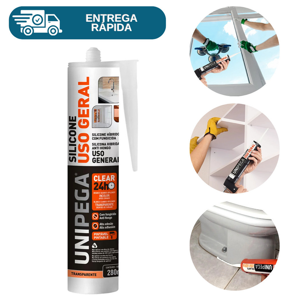 Silicone Cola Vedação Hibrido Uso Geral 280ml Multiuso Com Fungicida Unipega Janela Pia Box Banheiro