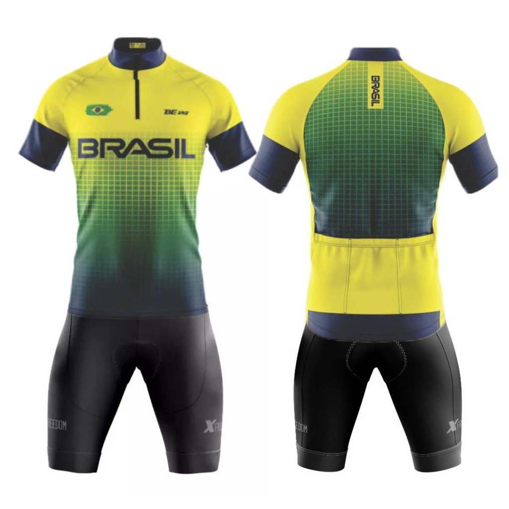 Conjunto de Ciclismo Camisa Brasil C/ Proteção UV e Bermuda C/ Forro Interno