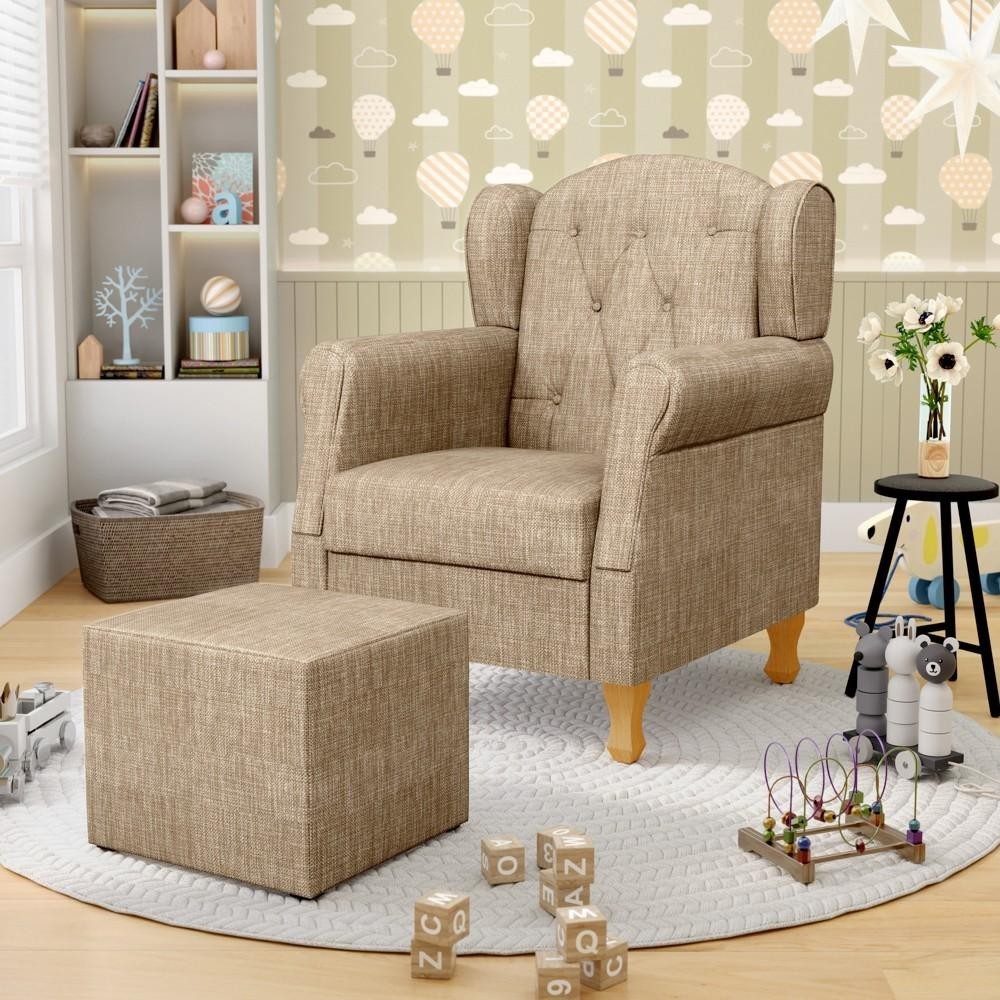 Poltrona de Amamentação e Descanso Pés de Madeira e Puff Lucy P04 Linho Bege Escuro - Mpozenato em Oferta na Shopee