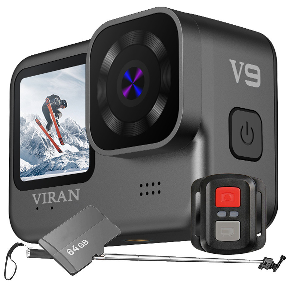 Kit Câmera de ação Wifi V9 + Memória 64gb + Bastão Filmadora Sport 4k 60fps Full Hd 20mp Moto Bike